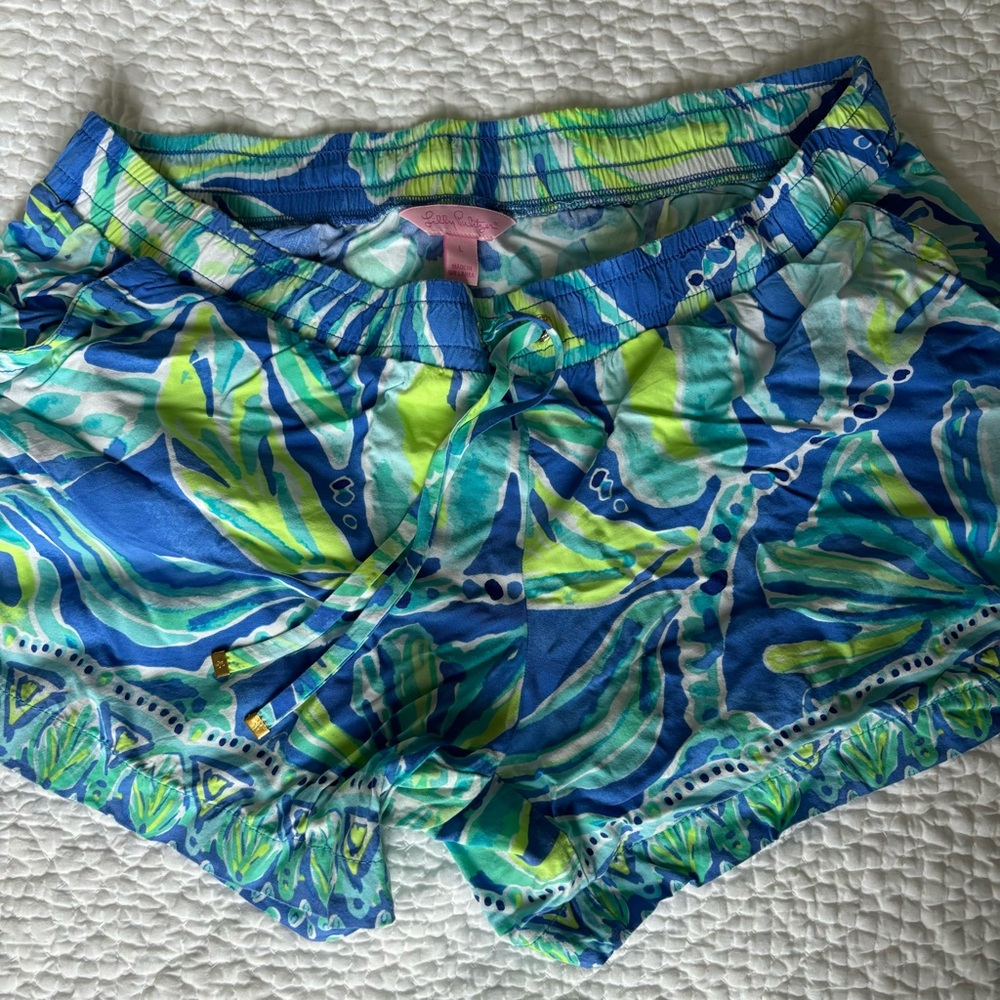 EUC Lilly Pulitzer Blue, Aqua & Lime Print Elastic-Waist Shorts size large